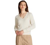 Tommy Hilfiger Women's Jumper Cable Fine with V-Neck, Beige (Heather Ivory Petal), L