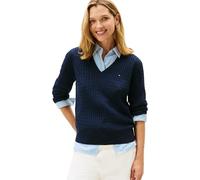 Tommy Hilfiger Women's Jumper Cable Fine with V-Neck, Blue (Dark Blue), L