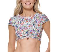 Tommy Hilfiger Women's Knotted Front Cap Sleeves Printed Swim Top, Soft White Multi, Medium