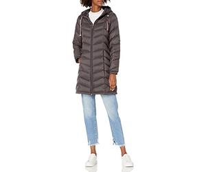 Tommy Hilfiger Women's Long Down Puffer Jacket Down Coat, Chevron Packable Eiffel Tower, L