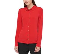 Tommy Hilfiger Women's Long Sleeve Collared Button Front Top Blouse, Scarlet, XS