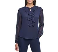Tommy Hilfiger Women's Long Sleeve Ruffle Front Blouse, Midnight, L