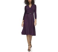 Tommy Hilfiger Women's Long Sleeve V-Neck Belted Pleated Skirt A-line Midi Dress Casual, Aubergine, 14