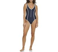 Tommy Hilfiger Women's Over The Shoulder Half Zip Detail Everyday One Piece, Navy/White, XXL