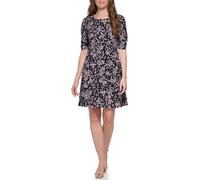 Tommy Hilfiger Women's Short Ruched Sleeve Boat Neck Shift Mini Dress, Sky Captain Multi, 20
