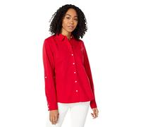 Tommy Hilfiger Women's Solid Button Collared Shirt with Adjustable Sleeves, Scarlet 01, XS
