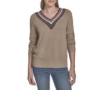 Tommy Hilfiger Women's Solid V-Neck Pullover Tipped Sweater, Light Heather Fawn, XS
