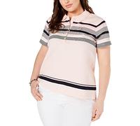 Tommy Hilfiger Women's Ss Zip Polo-Multi Shirt, Ballerina Pink Stripe, 1X