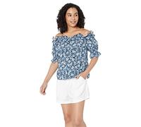 Tommy Hilfiger Women's Stripes Ruffles Off The Shoulder Casual, Sky Captain Multi, M