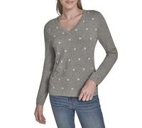Tommy Hilfiger Womens V-Neck Long Sleeve Cotton Heart Print Sweater, Medium Heather Grey Multi, M