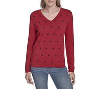 Tommy Hilfiger Women's V-Neck Long Sleeve Cotton Heart Print Sweater Pullover, Chili Pepper/Sky Captain, XS
