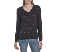 Tommy Hilfiger Women's V-Neck Long Sleeve Cotton Heart Print Sweater Pullover, Sky Captain/Chili Pepper, Small