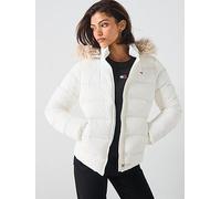 Tommy Jeans Women's Basic Hooded Down Puffer Jacket, White (Ecru), M
