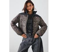 Tommy Jeans Cropped Leopard Puffer Coat, Brown, Size L, Women Brown