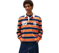 Tommy Jeans Men's Striped Lightweight Rugby Polo Shirt with Crest Logo, Voyager Orange Stripe, XL