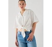 Tommy Jeans Textured Tie Front Short Sleeve Shirt, Cream, Size M, Women Cream