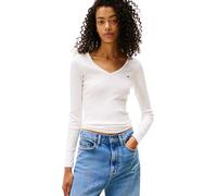 Tommy Jeans Women’s Slim Fit Essential V-Neck Logo Long Sleeve Top, White (Ecru), XL