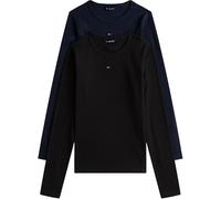 Tommy Jeans Women's 2 Pack Slim Essential Rib Round Neck Long Sleeve Tops, Multicolor (Black/Dark Night Navy), L