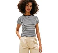 Tommy Jeans Women's Tjw Slim Essential Rib Ss Ext Dw0Dw17383 S/S T-Shirt, Black (Black/Ecru Stripe), L