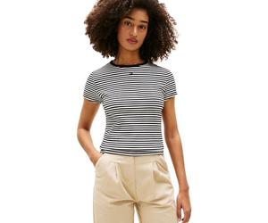 Tommy Jeans Women's Tjw Slim Essential Rib Ss Ext Dw0Dw17383 S/S T-Shirt, Black (Black/Ecru Stripe), XXL