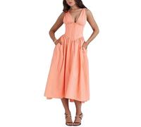 TOMNAD Emmelina Cotton Corset Sundress V-Neck Floral Corset Dress Spaghetti Straps Slit Lace Up Dresses for Women (Orange,L)