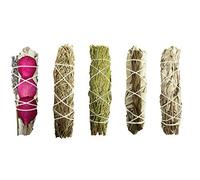 Tomoko Smudge Sticks Sampler - 5 Pack (1 White Sage with Rose and Lavender, 1 Rosemary, 1 Cedar, 1 Sweetgrass, 1 Black Sage) Incense