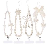 Tomolucky Direct 4Pcs Phone Charms Camera Strap Butterfly Bow Wrist Beaded Phone Bracelet Straps Pearl Bracelet Lanyard Keychain Charm for Women Girls