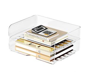 Tomorotec 2-Pack Desk Letter Tray Set, A4 Size Clear PET Stackable Document Organizer Office Desktop File Paper Holder Book Storage Rack Side Load Anti-Skid Stacking Support Convex Bottom Grooved Snap