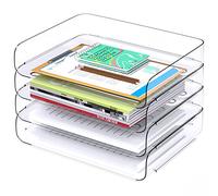 Tomorotec Desk Letter Tray Set 4-Pack, A4 Size Clear PET Stackable Document Organizer Office Desktop File Paper Holder Book Storage Rack Side Load Anti-Skid Stacking Support Convex Bottom Grooved Snap