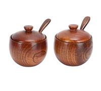 Tomotato 2 Pack Wooden Condiment Jar, Japanese Style Wood Salt Box Spice Condiment Container with Lid and Spoon for Home Kitchen