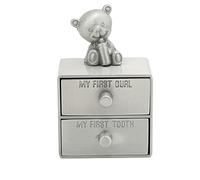 Tomotato Metal Bear-Shaped Tooth Storage Box with 2 Drawers, Zinc Alloy Case for Baby Teeth, Curling Hair Keepsake, Children's Memory Collection, Jewelry Organizer, Gift for Baptis (Antique Pewter)