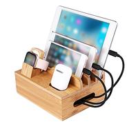 Tomotato Wooden Charging Station, Elegant 5 Port USB Docking Station with Mobile Phone and Watch Holder, Compact Lightweight Wooden Stand for Home Office and Car Use