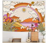 TOMOZ Vintage 70s 60s Groovy Tapestry, Retro Flowers Clouds Sun and Rainbow Tapestry Wall Hanging, Orange Boho Hippie Psychedelic Tapestries for Bedroom Living Room Dorm Decor 40 x 28Inch