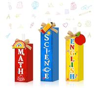 TOMPOP 3 Pcs Back to School Wooden Tiered Tray Signs, Rustic Firework Math English Science Table Decor First Day of School Tabletop Centerpiece Decoration for Classroom Teacher Desk Shelf Display