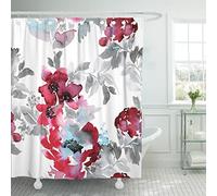 TOMPOP Shower Curtain Blue Large Burgundy Red Watercolor Abstract Flowers Gray Foliage Waterproof Polyester Fabric 72 x 72 Inches Set with Hooks