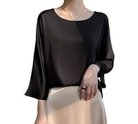 TOMPPY Blouses For Women Uk, Womens Silk Satin Blouse Summer Elegant Plain Round Neck Pullover Shirts Tops Fashion Looose 3/4 Sleeve Tunic Tops Casual Formal Party Work Blouses T Shirts
