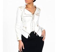 TOMPPY Denim Jacket, Women'S Denim Jacket Fashion Slim Long Sleeve Zipper Lapel Jean Biker Coat Vintage Distressed Splicing Short Shrug Denim Coat Punk Stud Embellished Outwear Streetwear,White,3Xl