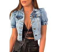 TOMPPY Denim Jacket, Women'S Puff Short Sleeve Denim Jacket Light Blue Vintage Washed Ripped Button Down Cropped Denim Coat Distressed Faded Summer Jean Shrug Jacket Tops For Ladies Girls,S