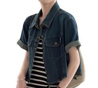 TOMPPY Denim Jacket, Women'S Short Sleeve Denim Jacket Vintage Distressed Lapel Button Down Cropped Denim Coat Summer Fashion Wash Faded Jean Biker Coat Tops For Ladies Girls