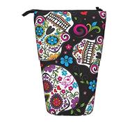TOMPPY Flower Sugar Skull Printed Pencil Case Stand Up Pencil Pouch Telescopic Pencil Holder Case Stationery Organizer Makeup Bag with Zipper Closure