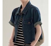 TOMPPY Jackets For Women Uk, Women'S Short Sleeve Denim Jacket Vintage Distressed Lapel Button Down Cropped Denim Coat Summer Fashion Wash Faded Jean Biker Coat Tops For Ladies Girls,Dark Blue,L