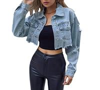 TOMPPY Ladies Denim Jackets, Women'S Denim Jacket Fashion Lapel Long Sleeve Button Up Crop Jacket Boyfriend Jean Coat Vintage Distressed Ripped Frayed Denim Coat Spring Transition Casual Outwear