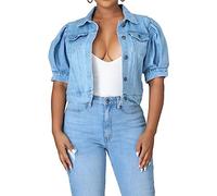 TOMPPY Ladies Denim Jackets, Women'S Puff Short Sleeve Denim Jacket Fashion Lapel Button Down Cropped Denim Coat Vintage Distressed Wash Faded Summer Jean Shrug Jacket Tops For Ladies Girls