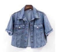 TOMPPY Ladies Denim Jackets, Women'S Short Sleeve Denim Jacket Vintage Distressed Lapel Button Down Cropped Denim Coat Summer Fashion Wash Faded Jean Biker Coat Tops For Ladies Girls,Light Blue,S