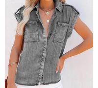 TOMPPY Ladies Summer Tops,Women Denim Blouse Summer Vintage Wash Faded V Neck Shirts Tops Casual Loose Button Down Sleeveless Blouses Tunic Tops Distressed Chambray Jean Western Shirts,Grey,M