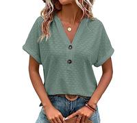 TOMPPY Ladies Tops,Womens Blouse Summer Plain Hollow Jacquard Button V-Neck Pullover Shirts Tops Elegant Short Sleeve Tunic Tops Sexy Office Work Blouses T Shirts For Ladies Girls,Sage Green,Xl