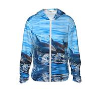 TOMPPY Ocean Animal Funny Dolphin Printed Sun Protection Hoodie Jacket Long Sleeve Shirts with Pockets for Outdoor, Black, 3XL
