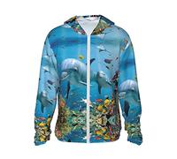 TOMPPY Ocean Dolphin Looking At You Printed Sun Protection Hoodie Jacket Long Sleeve Shirts with Pockets for Outdoor, Black, XXL