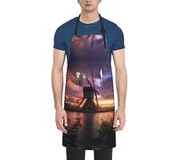 TOMPPY Sunset Windmill Printed Waterproof Apron Adjustable Cooking Aprons Kitchen Aprons With Pockets Chef Bib Apron For Baking Household Cleaning, Black, One Size, Black, One Size