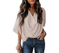 TOMPPY Womens Blouse, Womens Chiffon Blouse Summer Elegant Solid Cowl Neck Shirts Tops Stylish Batwing Sleeve Pullover Shirts Tunic Tops Casual Loose Work Blouses T Shirts For Ladies Girls,Apricot,M